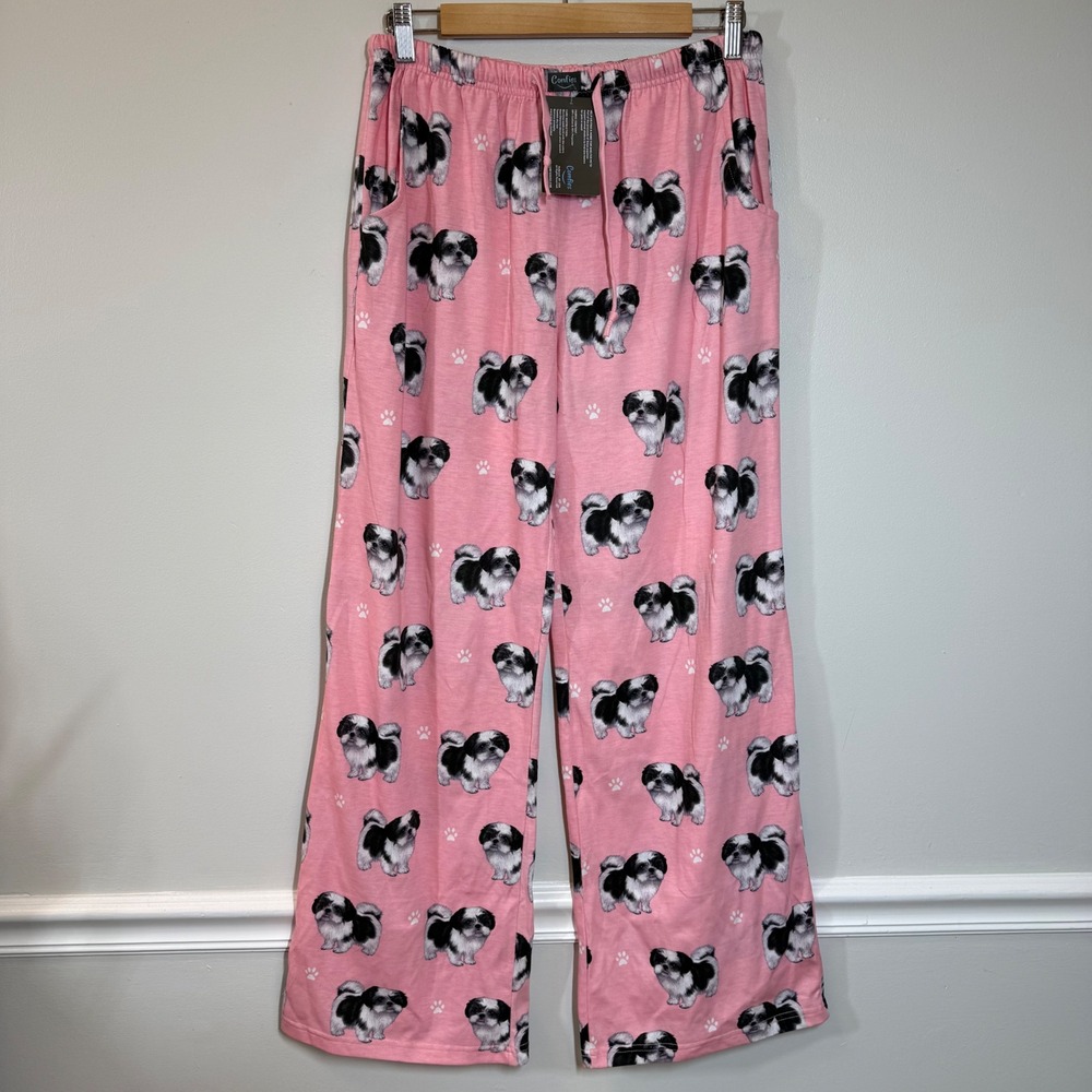 Comfies Shih Tzu Pajama‎ Pants Womens M Pink Dog Print Lounge Sleep Pants NWT